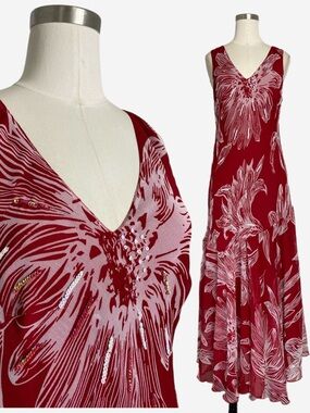 Midnight Velvet Red floral Bias Cut Chiffon midi dress sequin garden fairy M